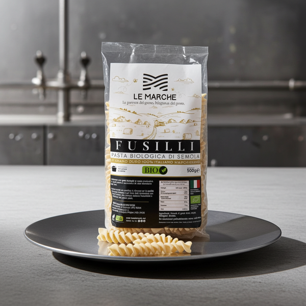 Fusilli biologici da grano coltivato a Fabriano nelle Marche dall'azienda agricola Luca Bianchi