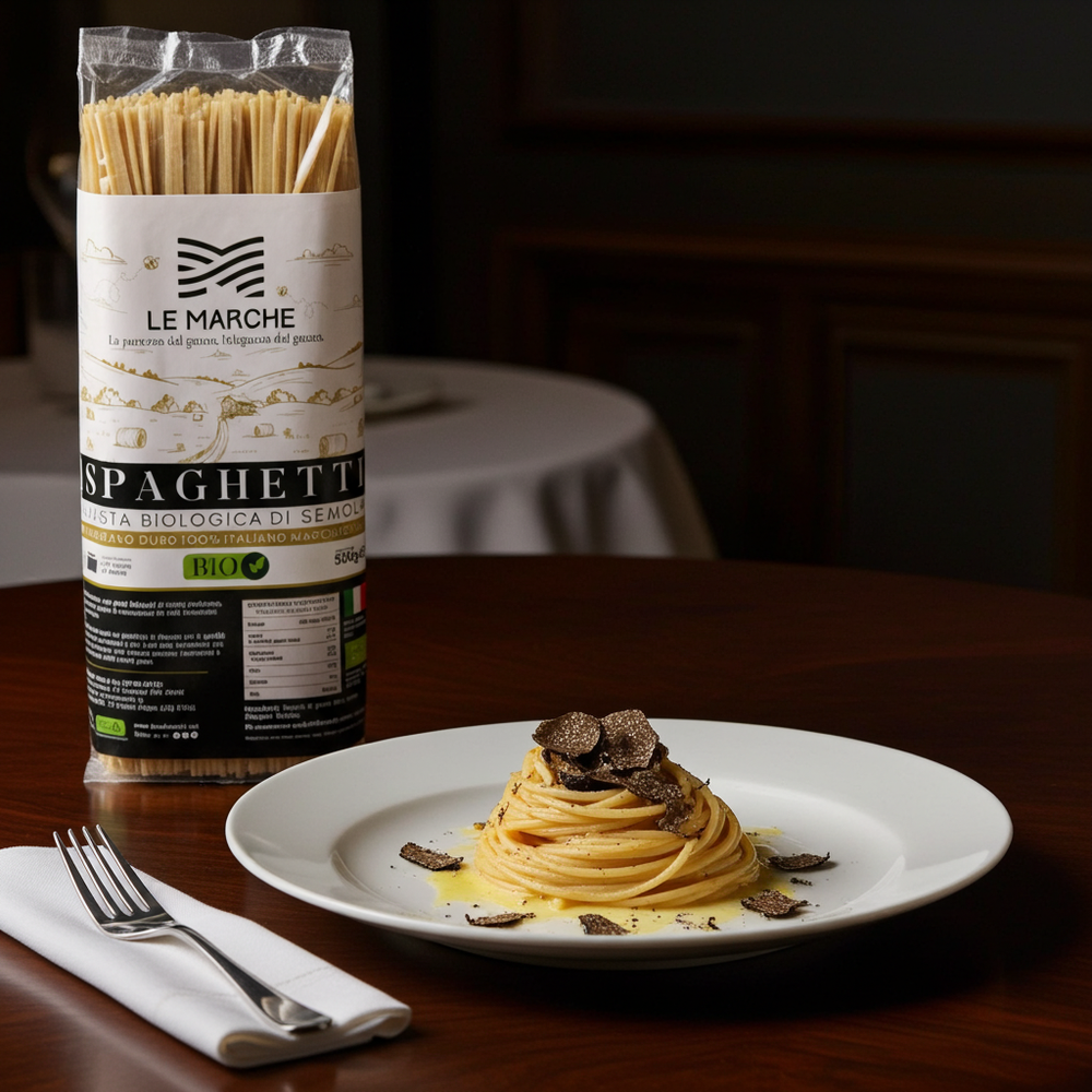 Spaghetti biologici da grano coltivato a Fabriano nelle Marche dall'azienda agricola Luca Bianchi