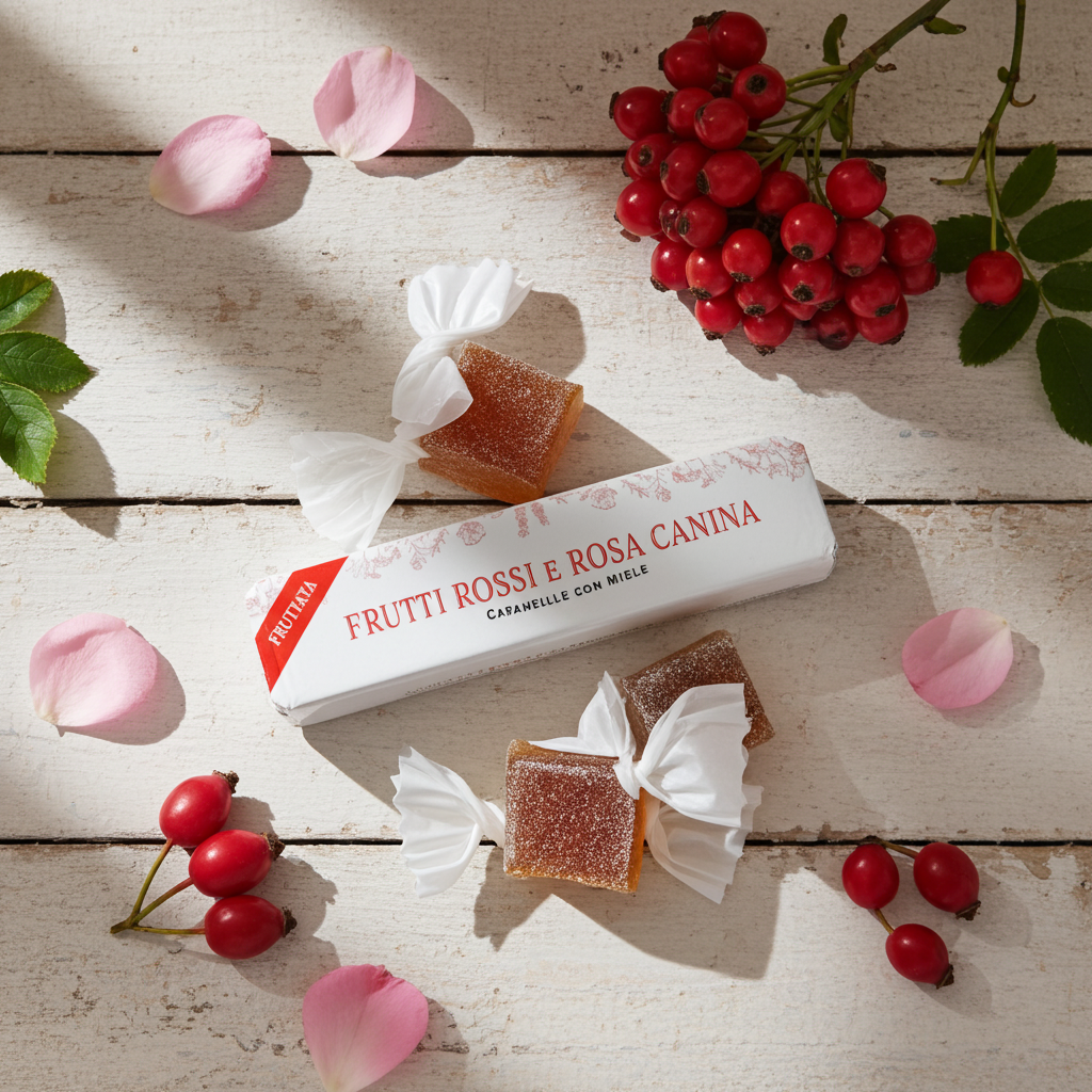 
                  
                    Caramelle ai frutti rossi al miele e rosa canina
                  
                