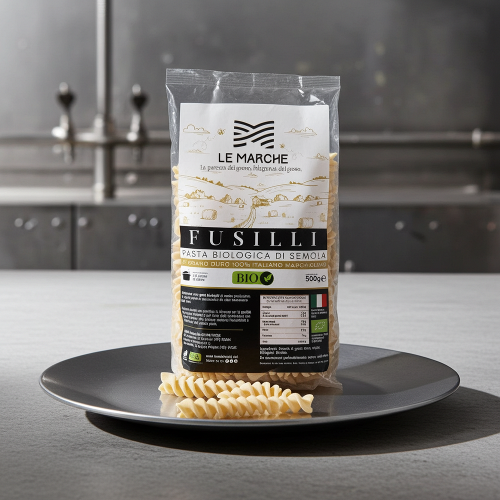 Fusilli biologici da grano coltivato a Fabriano nelle Marche dall'azienda agricola Luca Bianchi