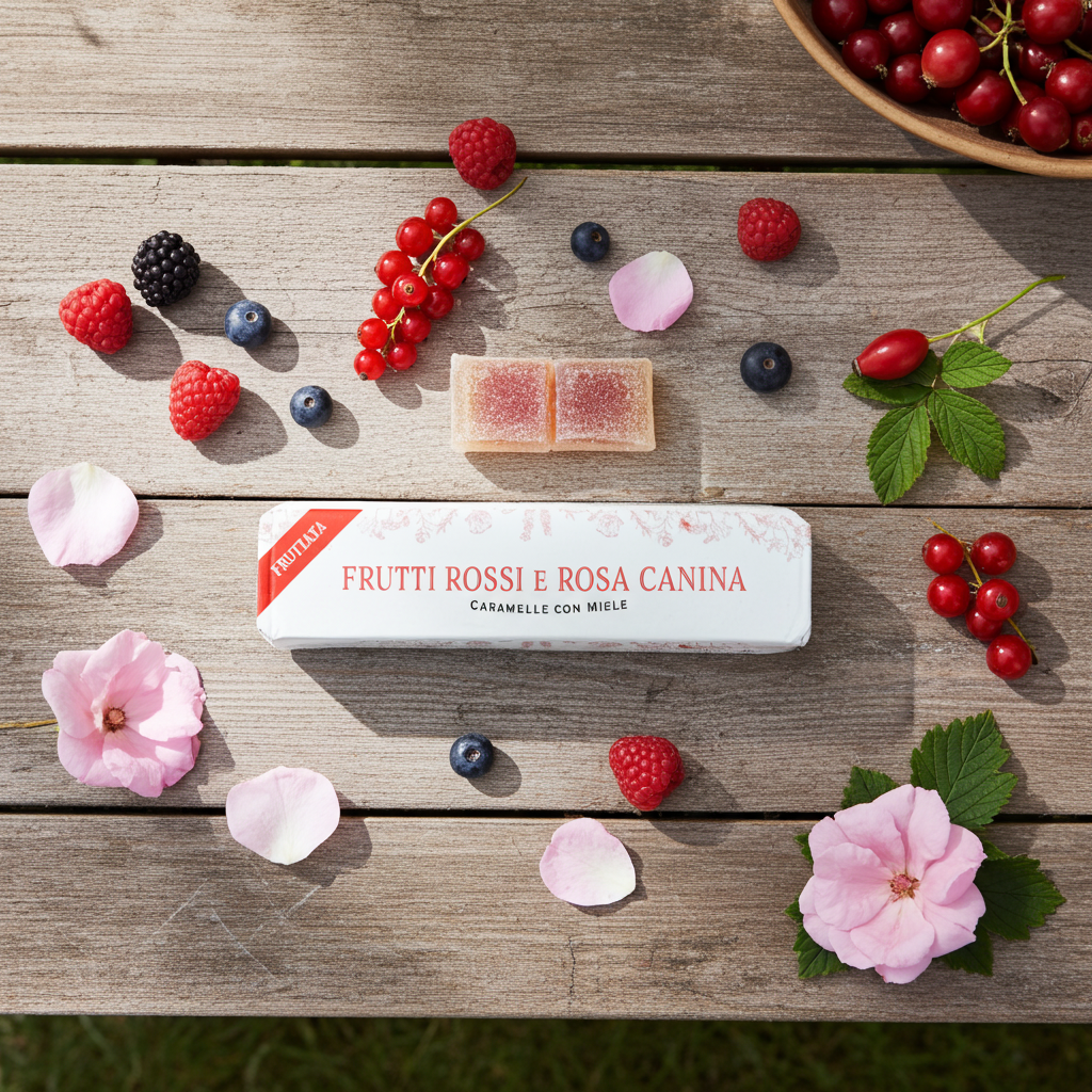 
                  
                    Caramelle ai frutti rossi al miele e rosa canina
                  
                