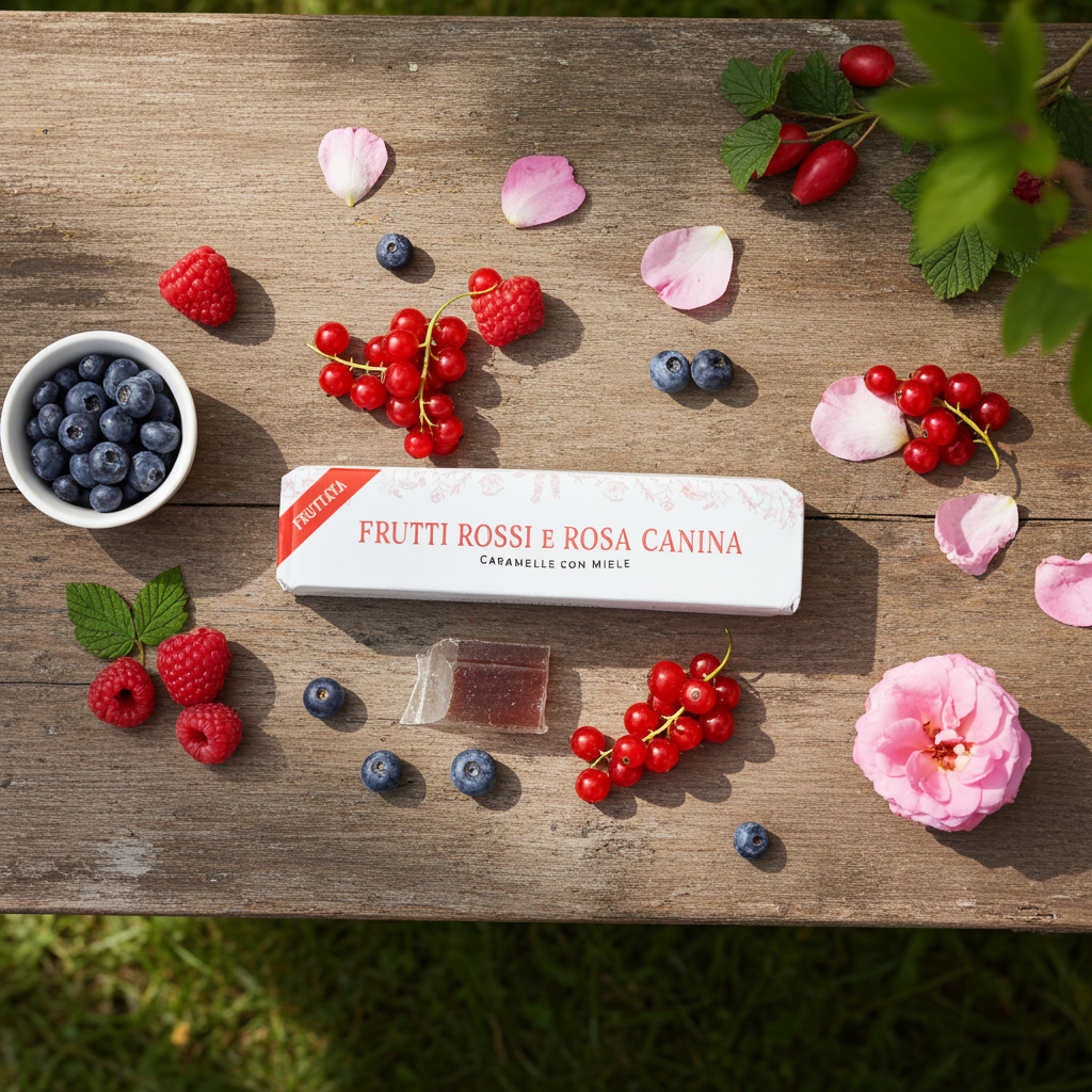 
                  
                    Caramelle ai frutti rossi al miele e rosa canina
                  
                