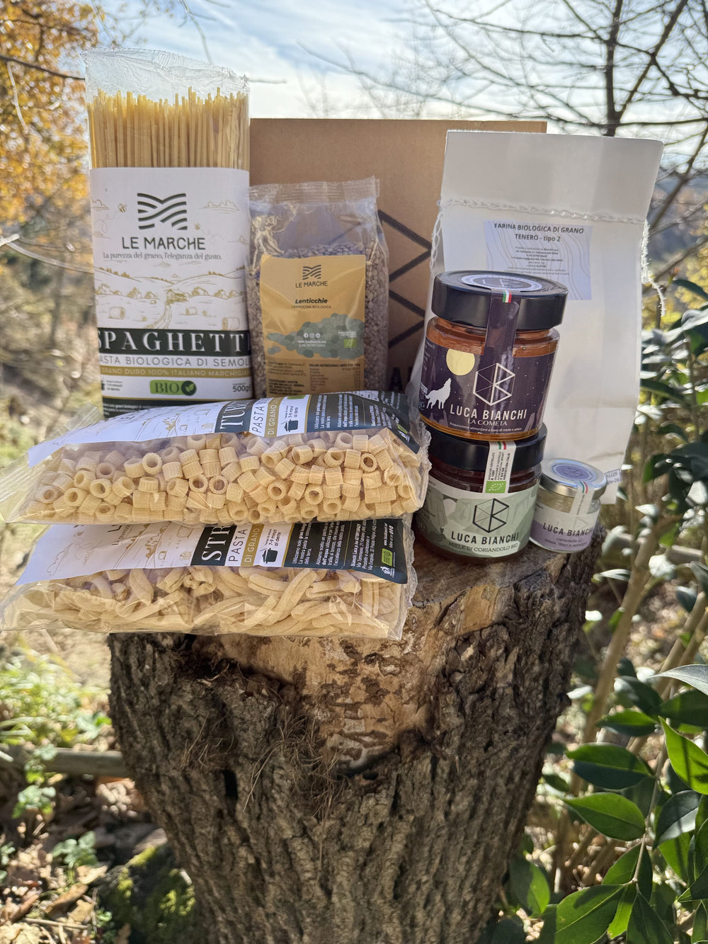 Cesto natalizio gourmet con pasta artigianale, miele e prodotti biologici